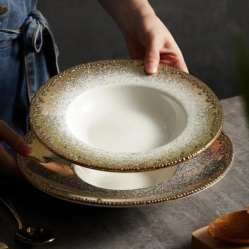 Gold Border High End Dining Plates Creative Light Luxury Ceramic Plate Retro Restaurant Steak Flat Tray Household Tableware