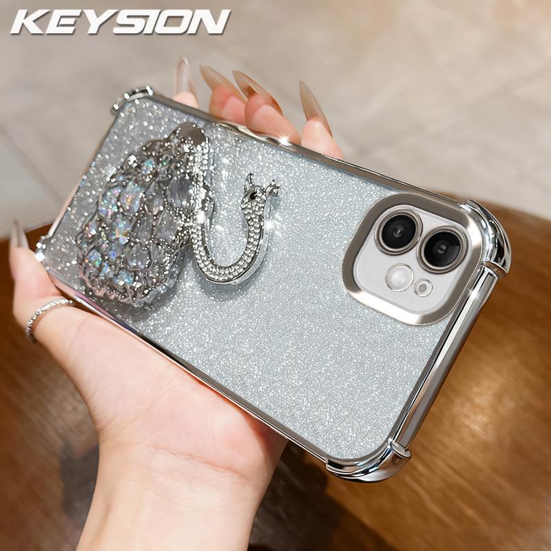 KEYSION Shockproof Plating Phone Case for iPhone 11 12 Pro Max Clear TPU Glitter Jewelled Swan kickstand Back Cover for iPhone 11