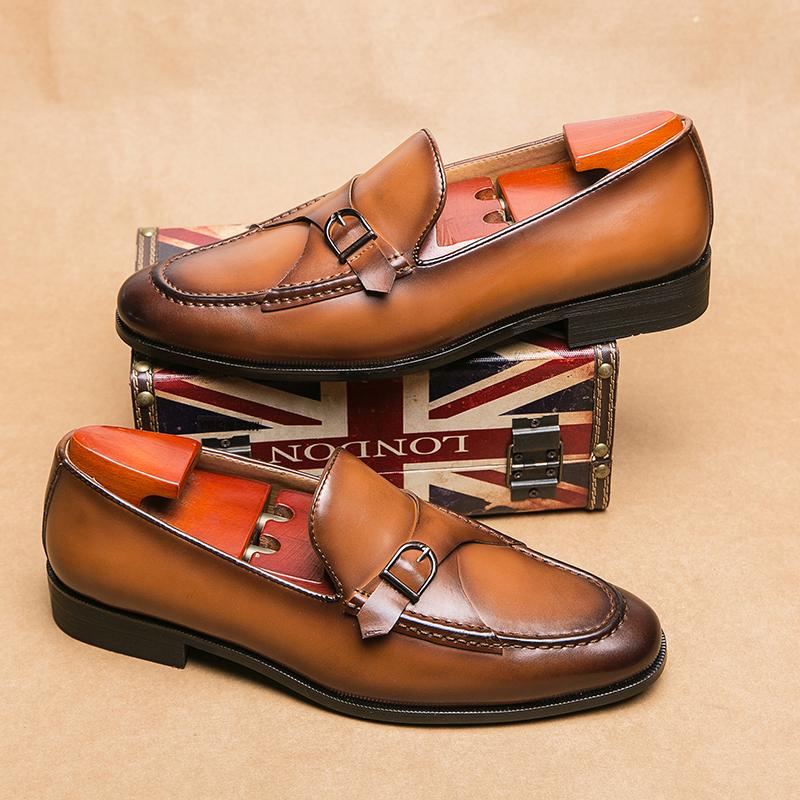 New Men Dress Shoes Loafers Brown Square Toe Slip-On Business Wedding Mens Shoes  Handmade