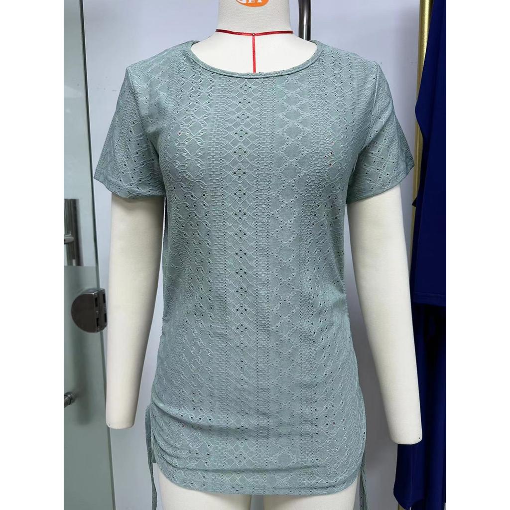 Spring Summer New Women's Solid Color Crew Neck Loose Short Sleeve T-shirt Drawstring Top For Amazon Cross-border Foreign Trade