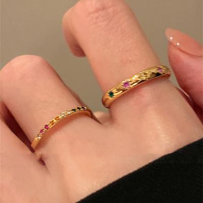 Round Colored Zir*****pen Ring Two-piece Set Fashionable Simple Ring Niche Versatile Light Luxury Jewelry Women