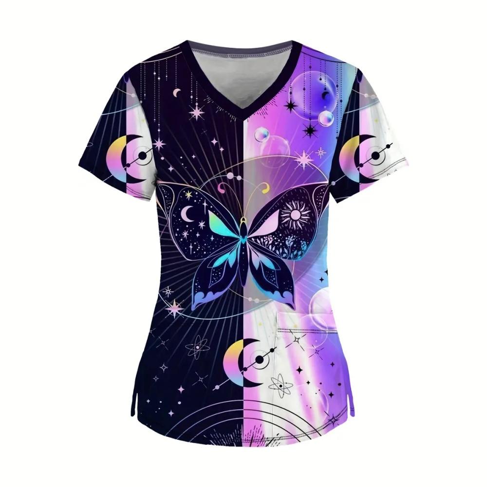 Clinical Uniform Woman Elegant Butterfly Print Summer Microelastic V-Neck Health Care Fashion Short Sleeve Tops Medical Clothes