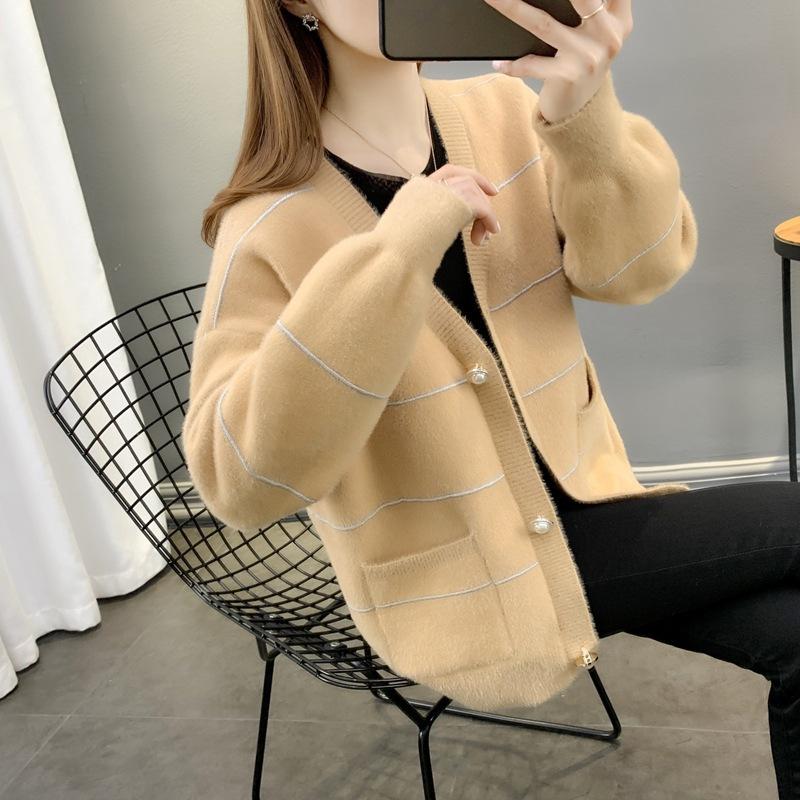

Норковый велюровый кардиган на пуговицах с V-образным вырезом для женщин, новый весенне-осенний, однобортный, свободный свитер-жакет One size верблюд