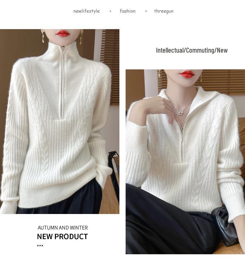 Women's High-Neck 100% Wool Cable Knit Sweater - Thickened Long Sleeve Zipper Pullover for Autumn & Winter
