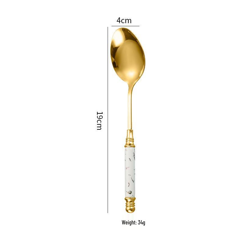 Emerald Marble Pattern 5-Piece Cutlery Set: Stainless Steel Knife, Fork, Spoon with Ceramic Handles