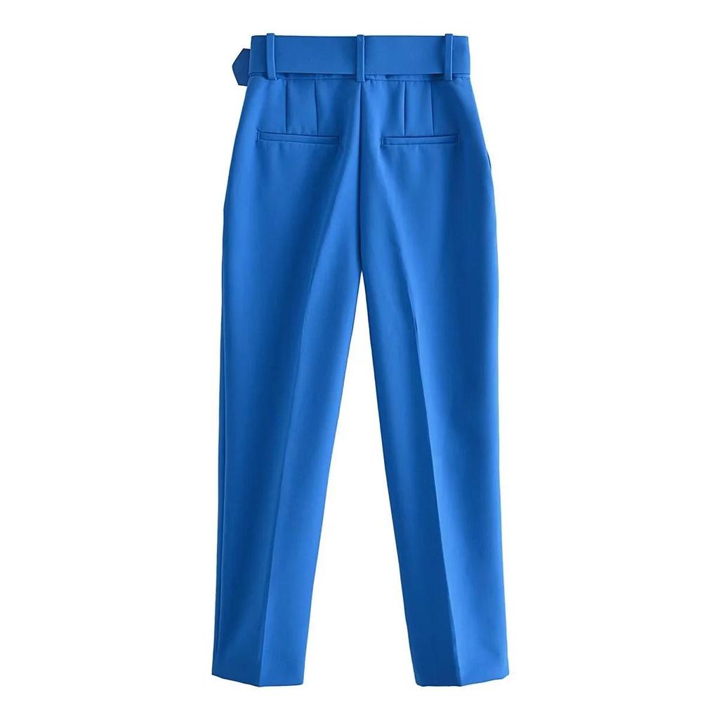 European Style Women's Slim-Fit High-Waisted Yellow Cropped Pants with Waist Belt - Model A8GS317