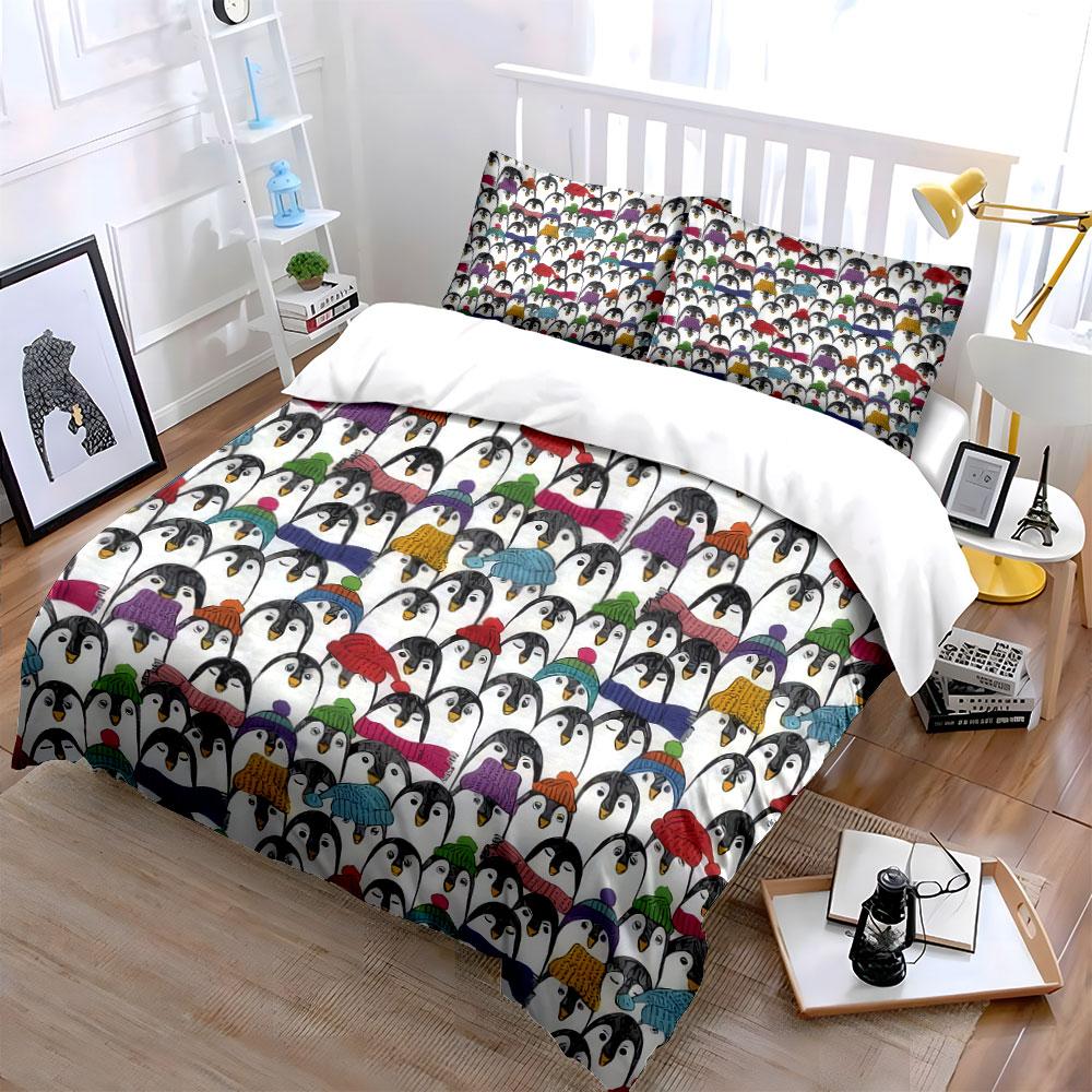 "Penguin Print Three-Piece Set" Bedding Set with 1 Duvet Cover 2 Pillowcases Single Double King Queen Gift