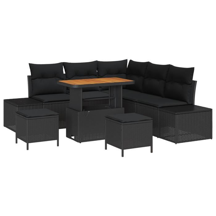 Ensemble de canapé de jardin 8 pièces avec coussins noir poly rattan acacia, Canapé de jardin 2 places avec coussins noir 3362784