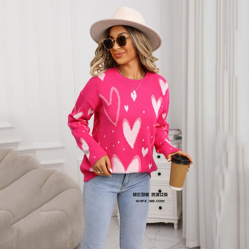 Women's Love Pullover Loose Sweater Round Neck Long Sleeve Small Heart Fashion Warm Sweater