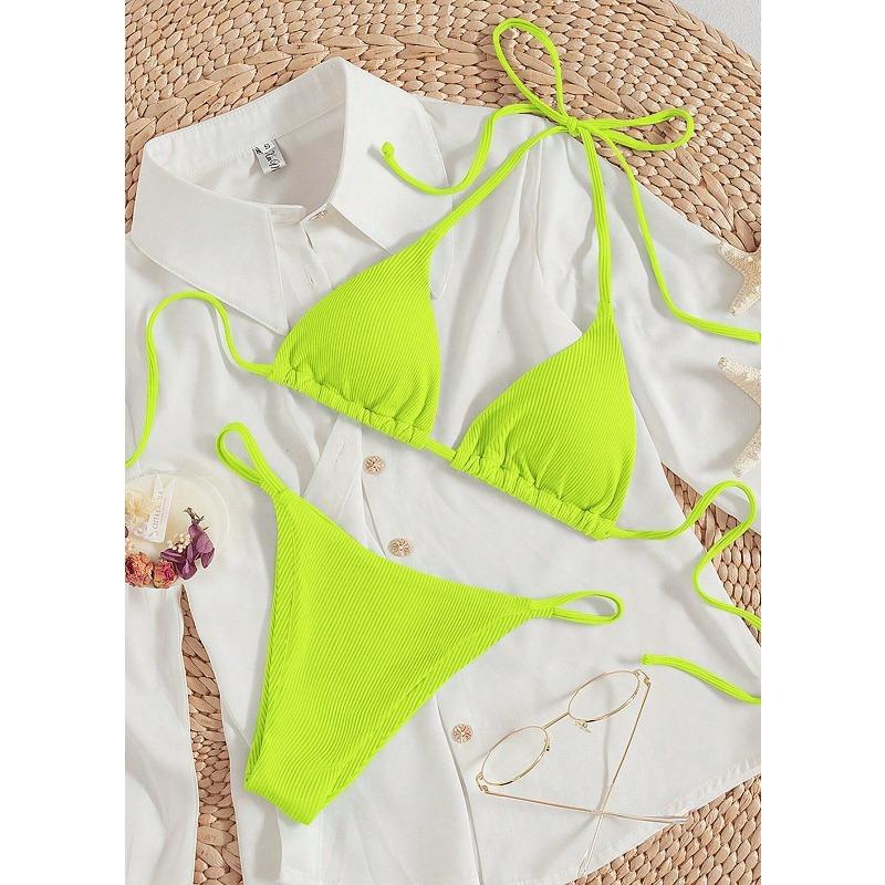 Trend print neck sling sexy swimsuit women s lace-up split swimsuit XS неоновый жёлтый