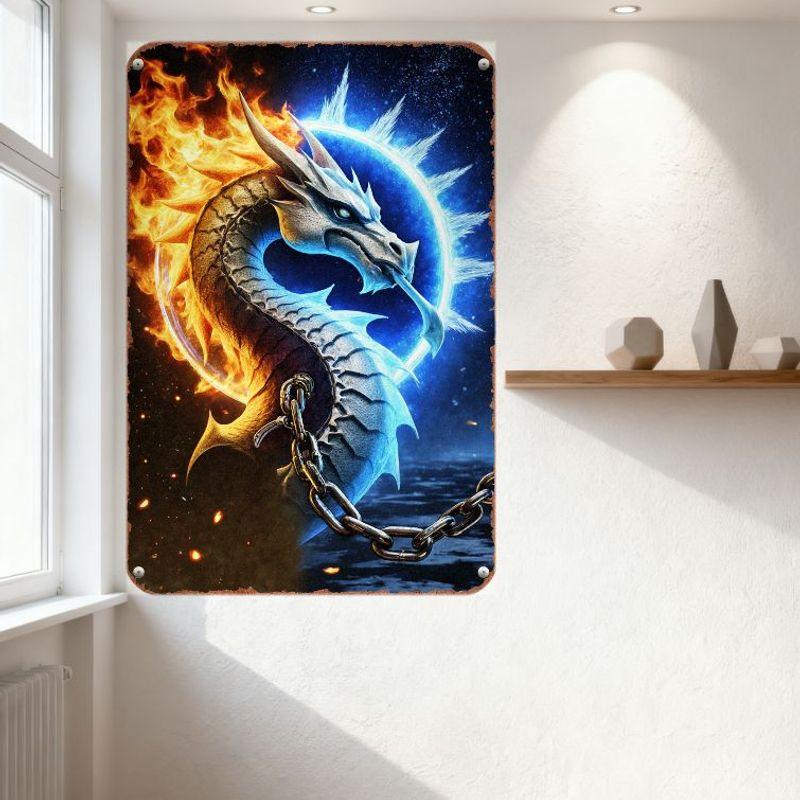 Mityczny Dwukolorowy Smok z Ognistymi Płomieniami Metalowy Znak Blaszany, Zwinięty Wokół Świecącego Niebieskiego Portalu, Tło Ciemnego Gwiezdnego Nieba z Żarzącymi się Węglikami,