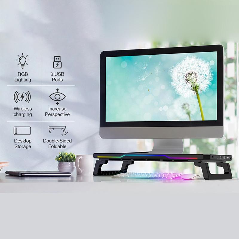 Schreibtisch-PC-Monitorständer Halterung Computerbildschirm Erhöhung Halter USB-HUB Mit RGB-Atmosphärenlampe Maus Tastatur Aufbewahrungs Organizer