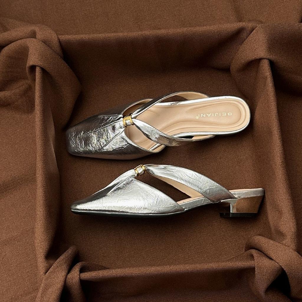 Square head half-drag Muller shoes low heels 2025 summer new square head absolute child beige wear cool slippers women