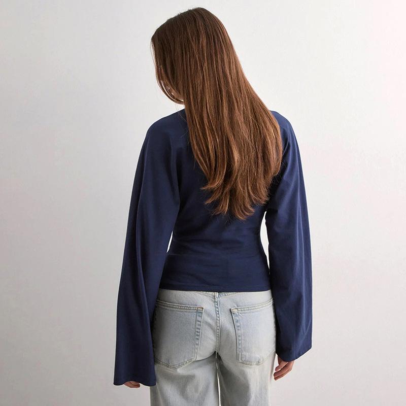 Women's Solid Color Round Neck Long Sleeve Top: European/American Style, Wide Sleeves, Cinched Waist