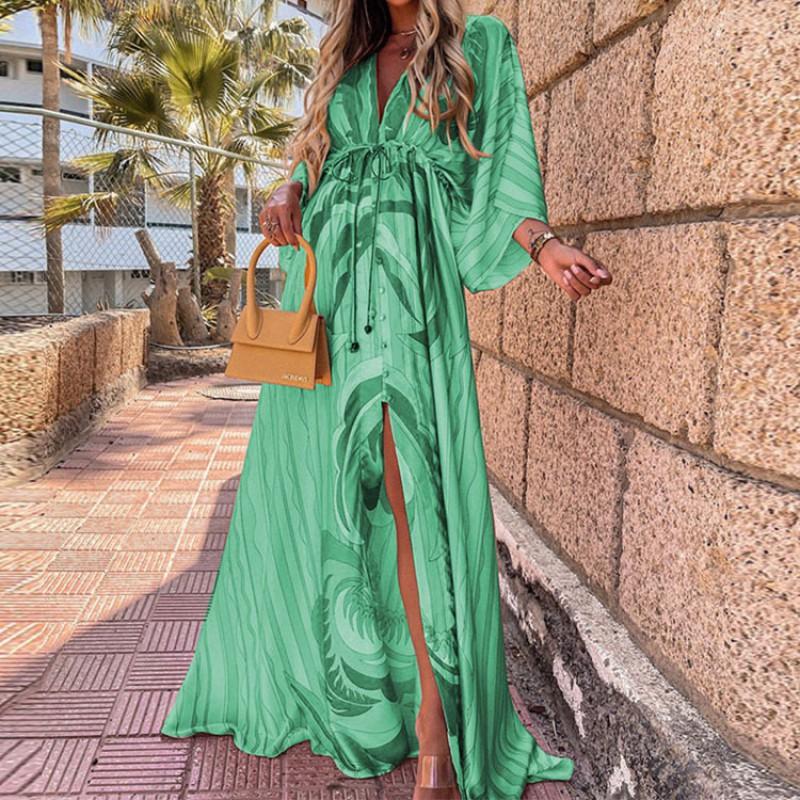 2026 Bohemian Loose V-Neck Split Hem Printed Maxi Dress Women Plus Size Flowy Long Sleeve Casual