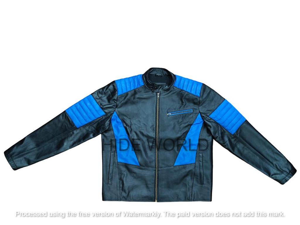 Halloween Stilvolle Motorrad Lammleder Schwarz & Blau Hoodie Jacke Herren Handgemacht