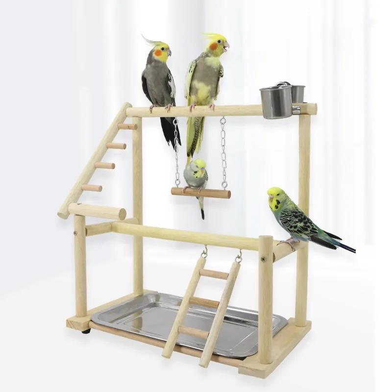 Bird Plays Stand Parrot Playstand Cockatiel Playground Wooden Perch Gym Playground Ladder with Metal Feeder Plate Bird Supplies