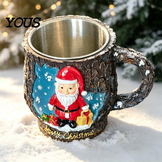 Durable Resin Cup Christmas Themed Coffee Mug, 3D Santa Claus/Snowhouse/Reindeer/Socks/Christmas Tree/Snowman Design, Party Drink Supplies Stainless