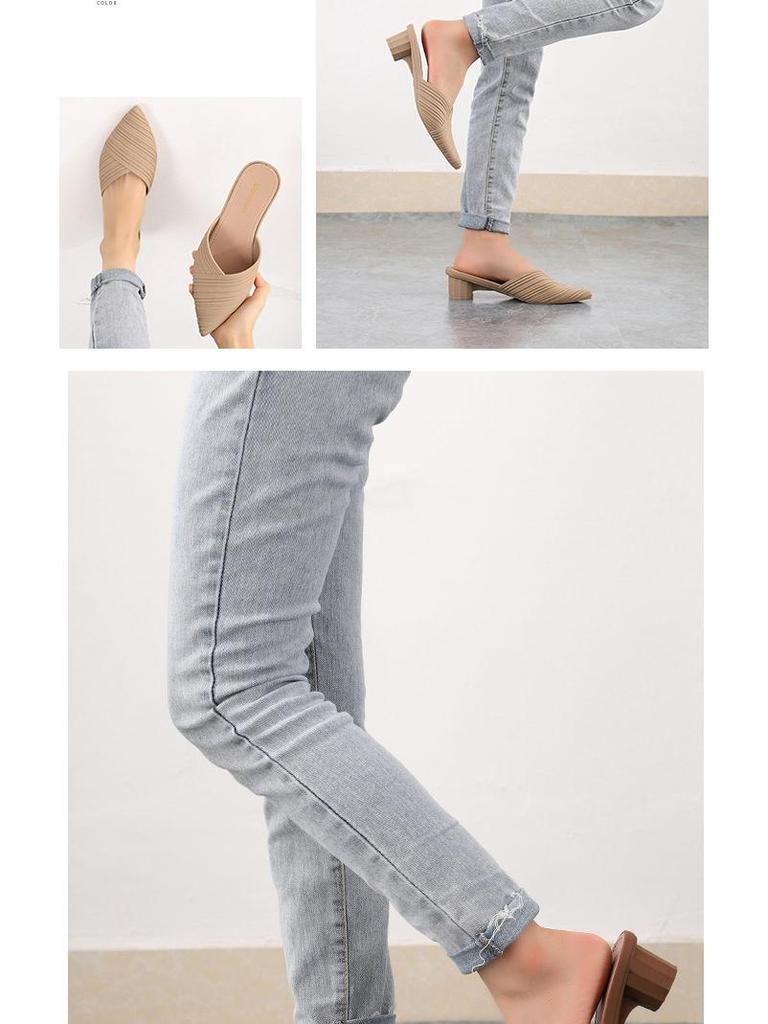 Heli Shark Dam Chunky Heel Spetsig Tå Stängd Tå Casual Halvtofflor - Vår/Sommar Mode Sandaler