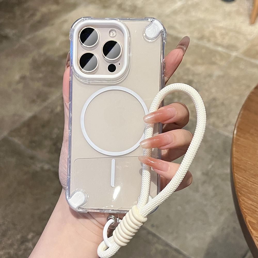Luxury Wrist Strap Clear Color Magnetic Phone Case for iPhone 15 14 16 Plus 11 12 13 16 Pro Max Shockproof Transparent Cover