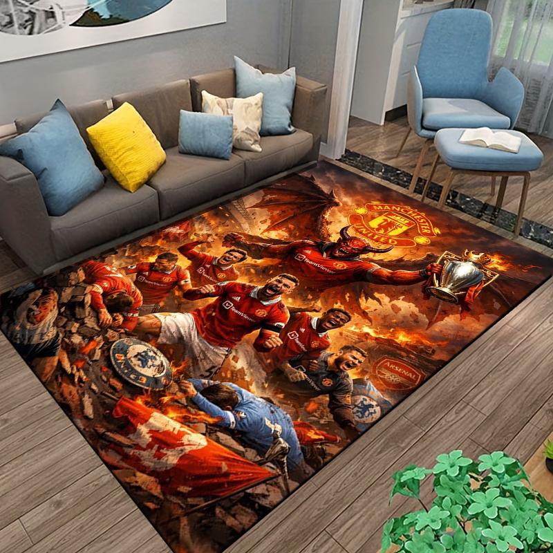 """Teppich im Manchester United Design mit feurig rotem Muster und Pokalaufdruck"" Geeignet für den Einsatz als Anti-Rutsch-Matte für Wohnzimmer, Schlafzimmer, Sofas"""