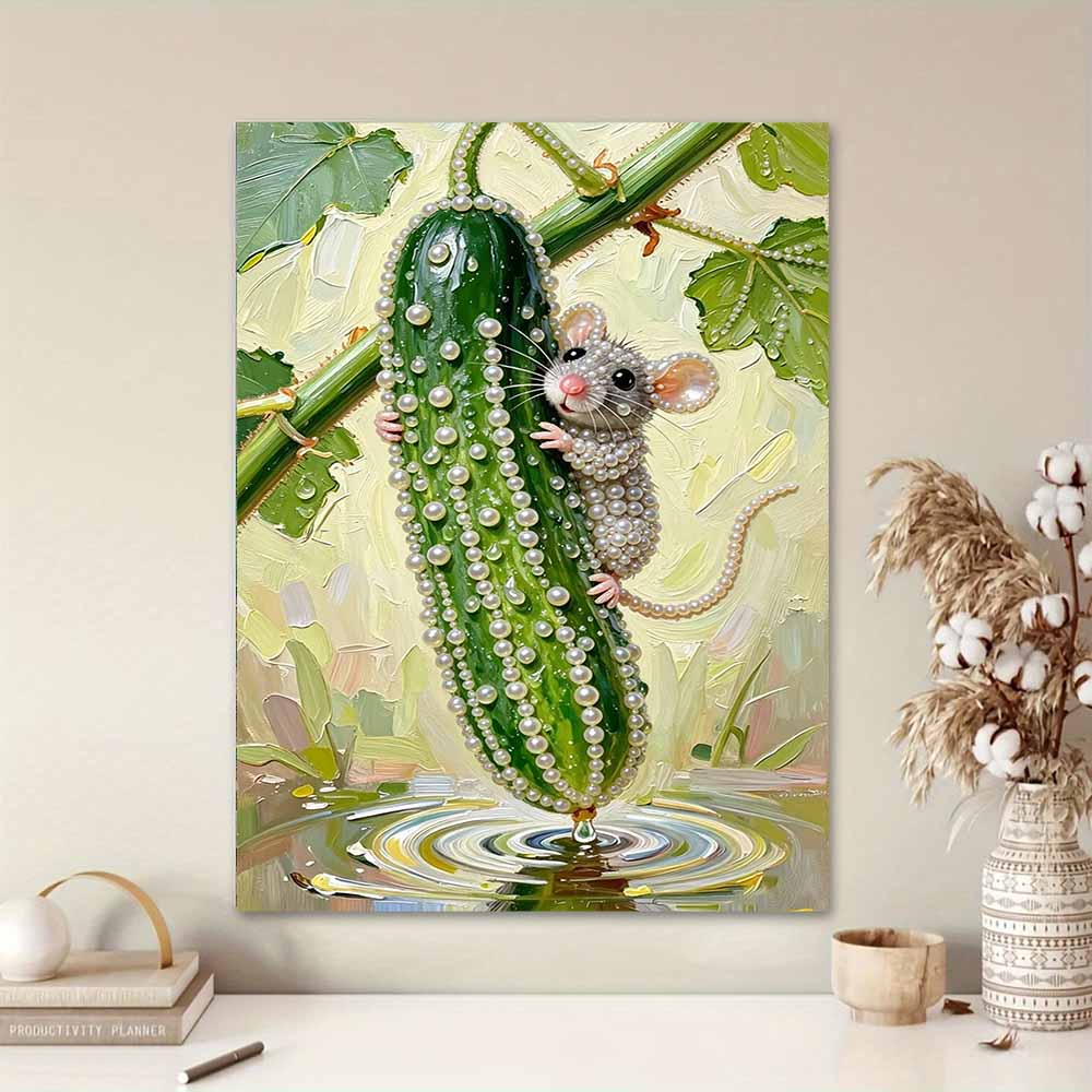 DIY Frameless Pearl Painting Kit Cute Mouse & Cucumber 3D Shiny Bead Art Canvas Relaxing Creative Craft for Home Wall Decor Gift