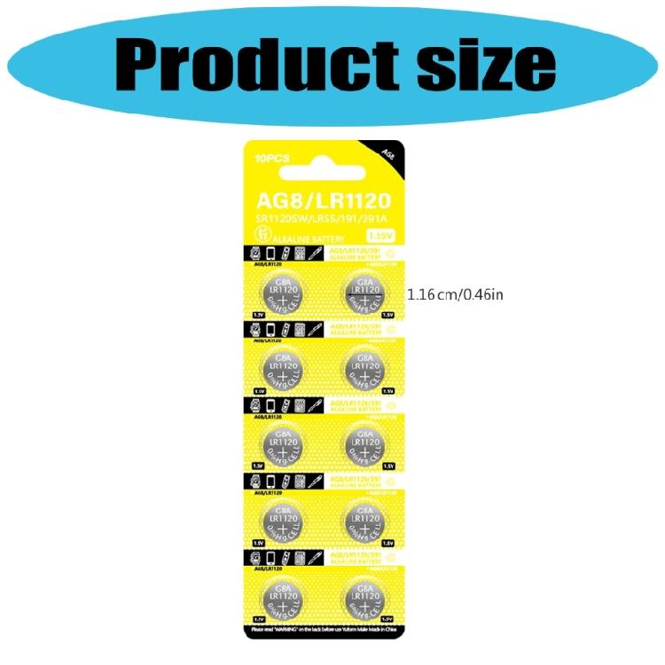 10Pcs AG8 LR1120 Button Batteries 1.5V Alkaline Button Coin Battery for Toys Watches And More AG8/CX191/D381/G58