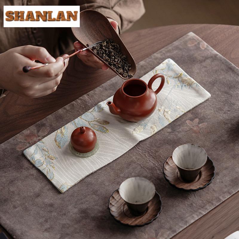 Brocade Flowers Tea Towel Antique Tea Cup Pad Dish Towels For Kitchen Tea Napkins Household Tea Cloth Drinkware Accessories Gift
