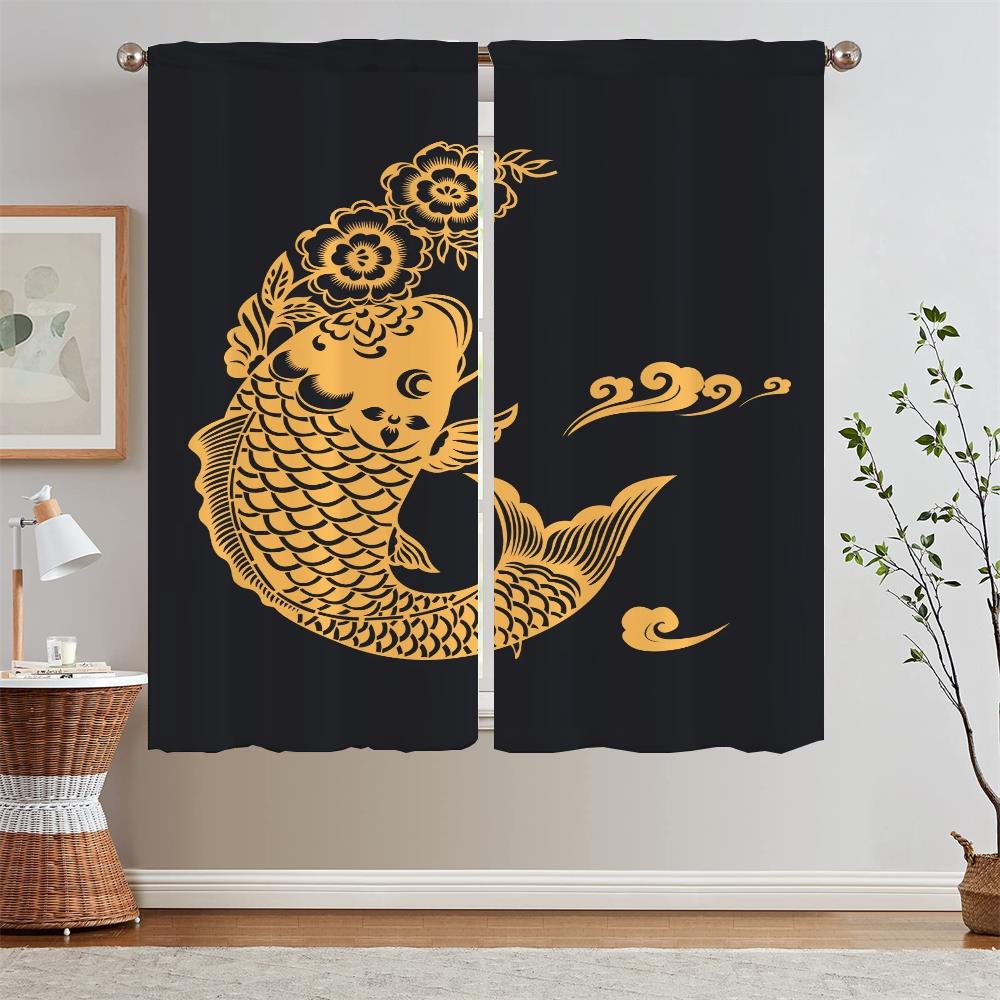 Chinese Style Koi Short Window Curtains for Living Room Bedroom Decoration Black Out Curtains 2 Pcs Set Chiffon Curtain Tiebacks