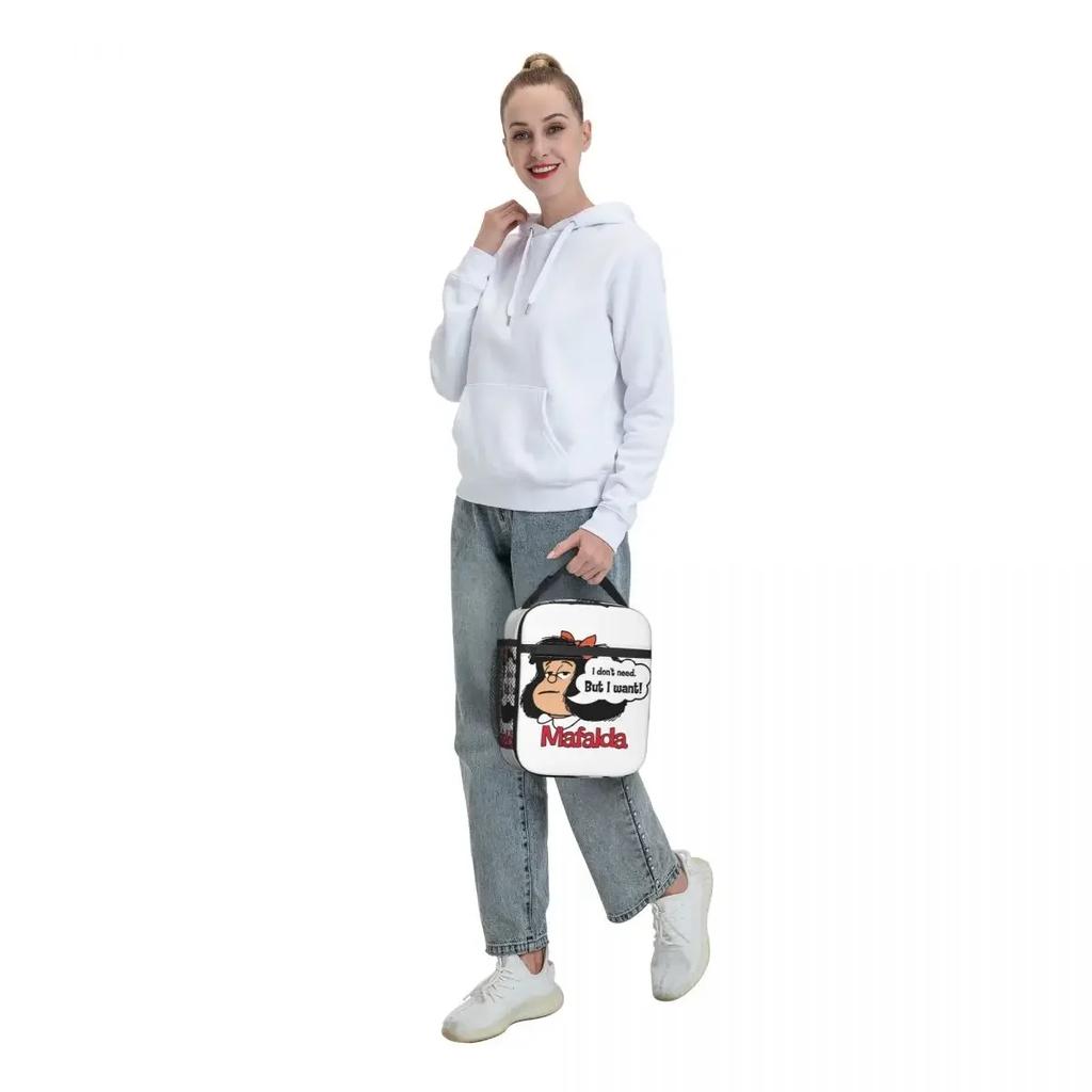 Mafalda I Don't Need But I Want Insulated Lunch Bag Portable Quino Comic Cartoon Thermal Cooler Lunch Tote Office Picnic Travel