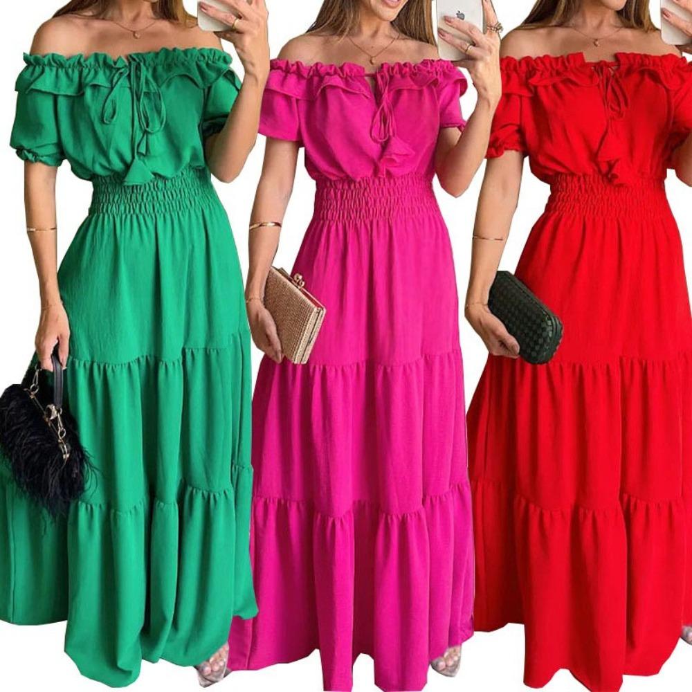 Women's Off-Shoulder Short Puff Sleeve Solid Color Tiered Maxi Dress