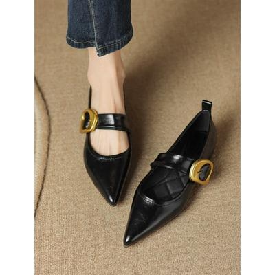 Vintage Gold Buckle Pointed Single Shoes Women's French Flat Heel Mary Jane Shoes Commuter Light Mouth Brown Flats