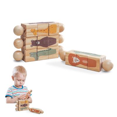 1 Stück Baby Holz Montessori Spielzeug Cartoon Tier Krokodil Bär Drehbarer Baustein Rassel Puzzle Spiel Baby Lebensmittelqualität Holz Beißring Spielzeug