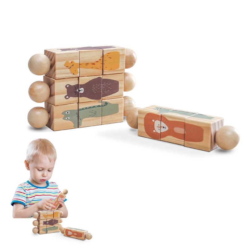 1Pc Baby Wooden Montessori Toys Cartoon Animal Crocodile Bear Rotate Block Rattle Puzzle Game Baby Food Grade Wooden Teether Toy