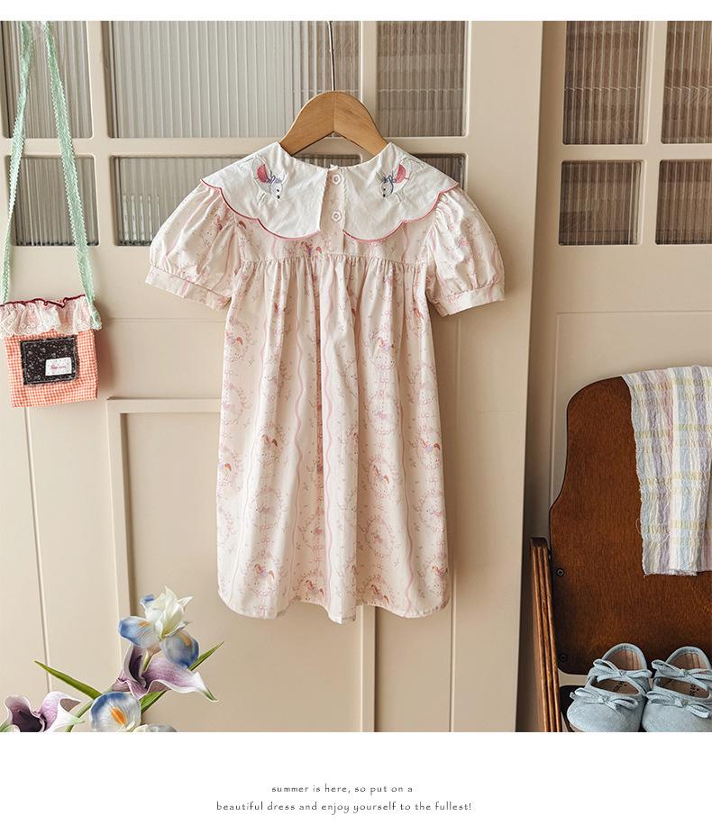 French Floral Kids' Dress 2026: Flower Collar & Little Horse Embroidery with Puff Sleeves
