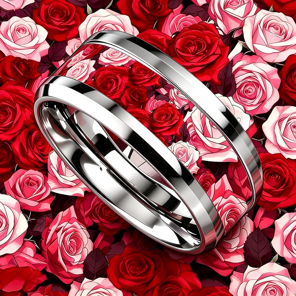 Fashion 8mm Men Stainless Steel Ring with Two-Tone Rose Flower Inlay Rings for Men Women Couple Wedding Party Jewelry No Fade