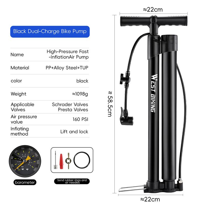 WEST BIKING Bicycle Pump 160PSI High Pressure Floor Pump Fast Inflation Blast Pump With Pressure Gauge MTB Road Bike Accessories