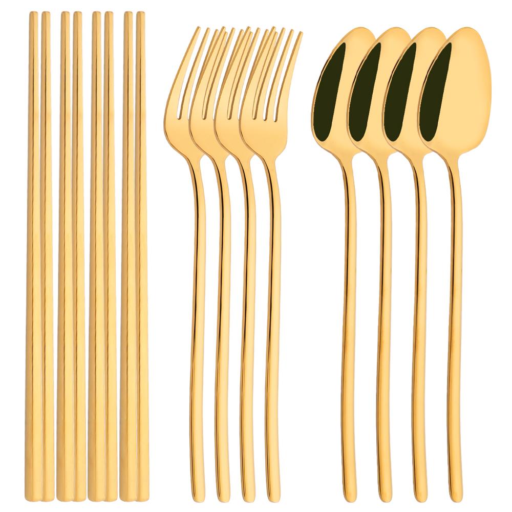 Weißgold Edelstahl Besteck Set Sushi Stäbchen Dinner Set 12-teilig Geschirr Koreanische Stäbchen Gabel Löffel Geschirr