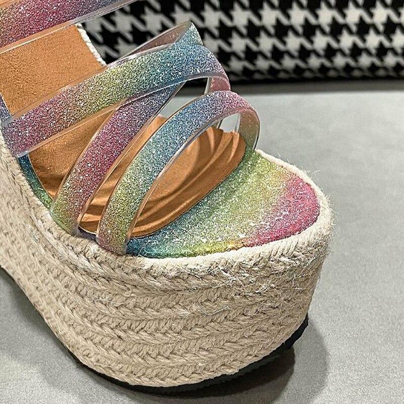 Letnie sandały na koturnie dla kobiet na platformie z plecionymi sznurkami konopnymi na wysokim obcasie