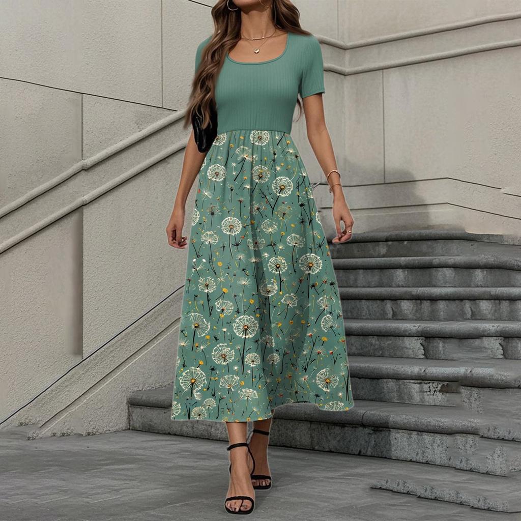 Women's Fashion Casual Short Sleeve Round Neck Splicing Floral Print Elegant Temperament Dress