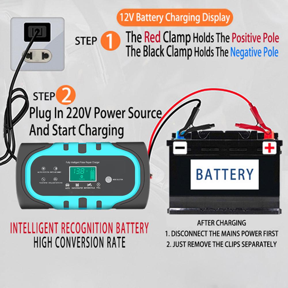 For Motorcycle Wet Dry Lead Acid Battery Digital Display Battery Charger Smart Car Battery Charger 12V 10A Pulse Repair
