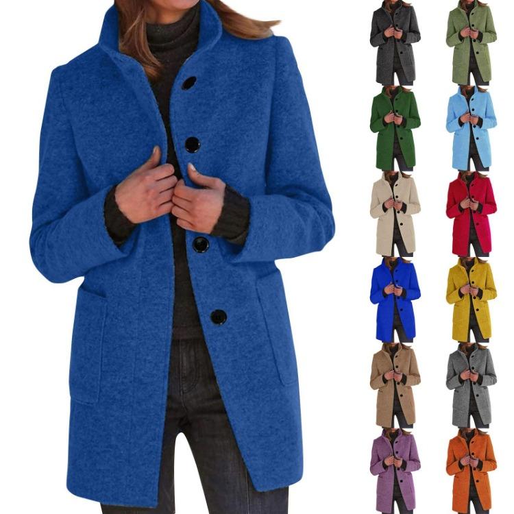 Women's Casual Solid Color Woolen Jacket with Collar and Pocket Long Sleeve Button Up Coat