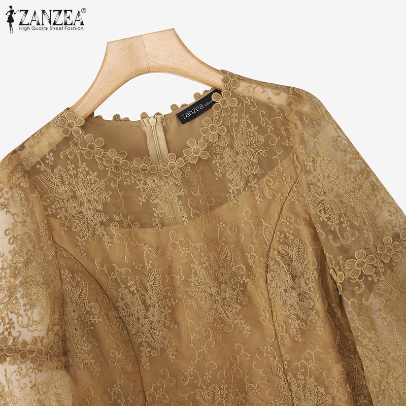 ZANZEA Damen Freizeit Rundhals 3/4 Ärmel Spitze Patchwork Bluse