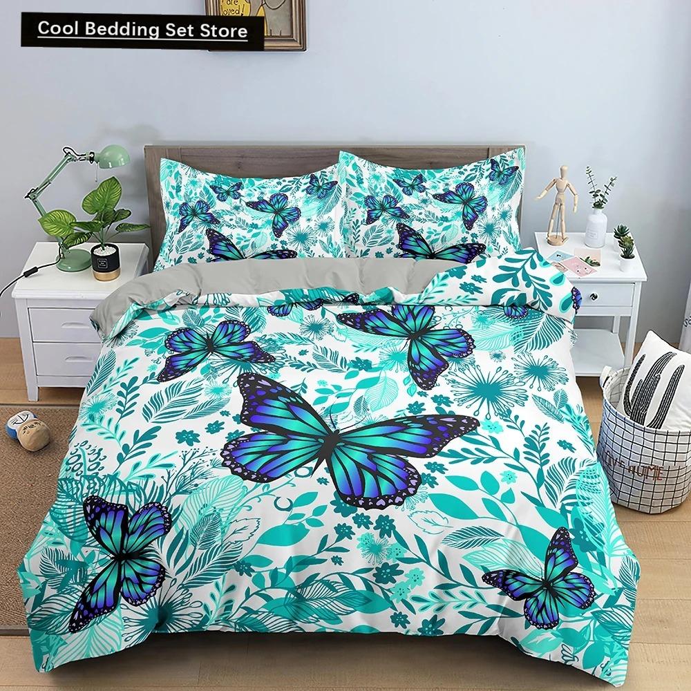 Butterfly Duvet Cover King Queen Size Animal Floral Bedding Set for Teens Adults Beautiful Flower 23pcs Polyester Quilt Cover