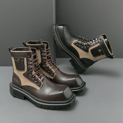 Mode Neue Mode Herren Leder Kampfstiefel mit eckiger Spitze Herren Schnürstiefel Motorradstiefel Kleiderschuhe Luxus Stiefel mit dicker Sohle Cowboy-Stiefel