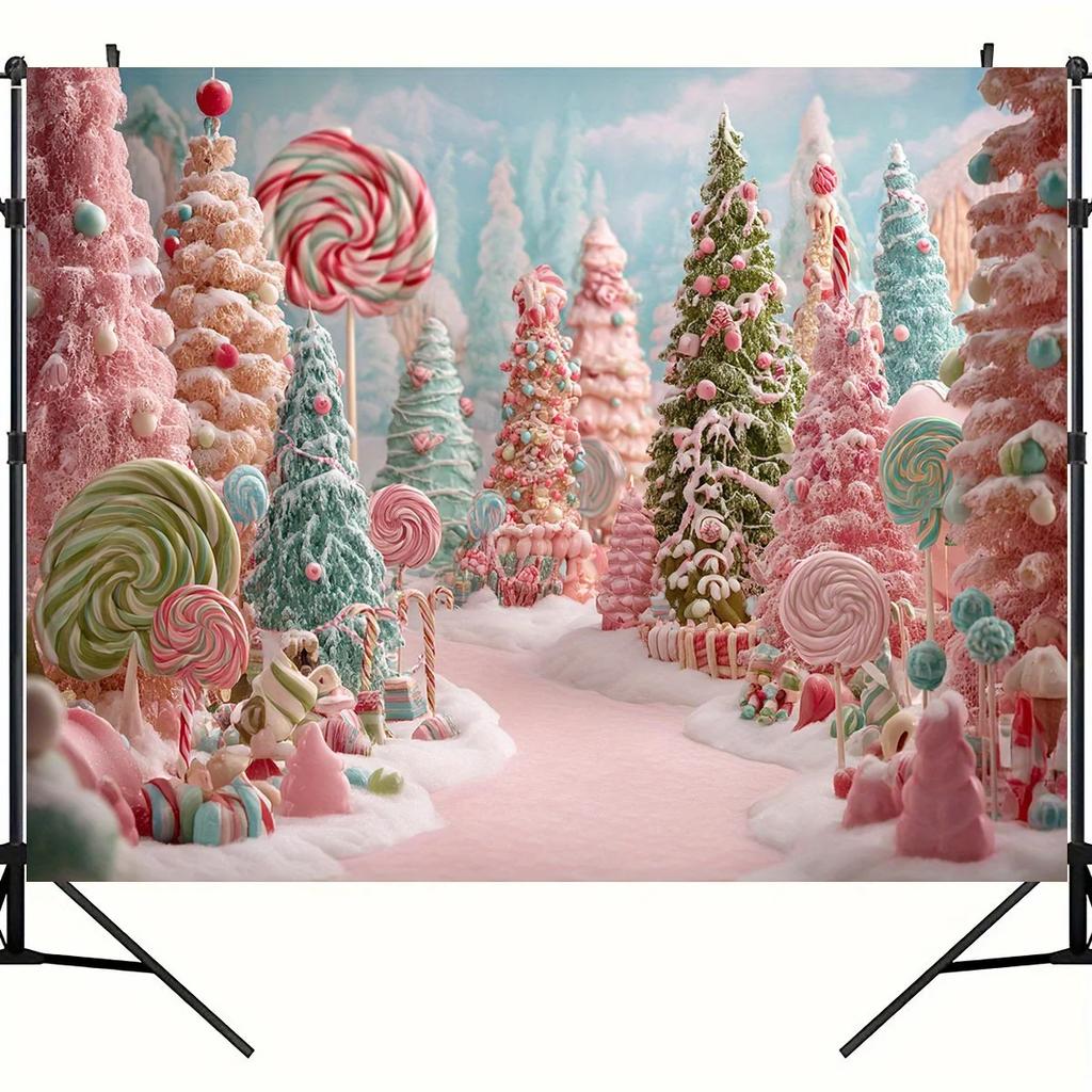 2D plane 1 piece of pink lollipop forest candy park Christmas background fabric with candy stick patternZL