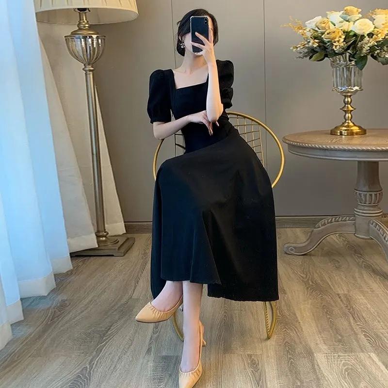 Hepburn style square neck dress women's summer new French temperament bubble sleeves white skirt Mori look thin
