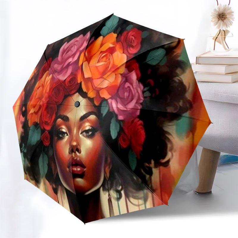 Floral Crown Afro Woman Art PrintUmbrella with Cute Design,Portable 3-Fold Compact Umbrella for Men&Women,Valentine's Day Mother's Day Hallo