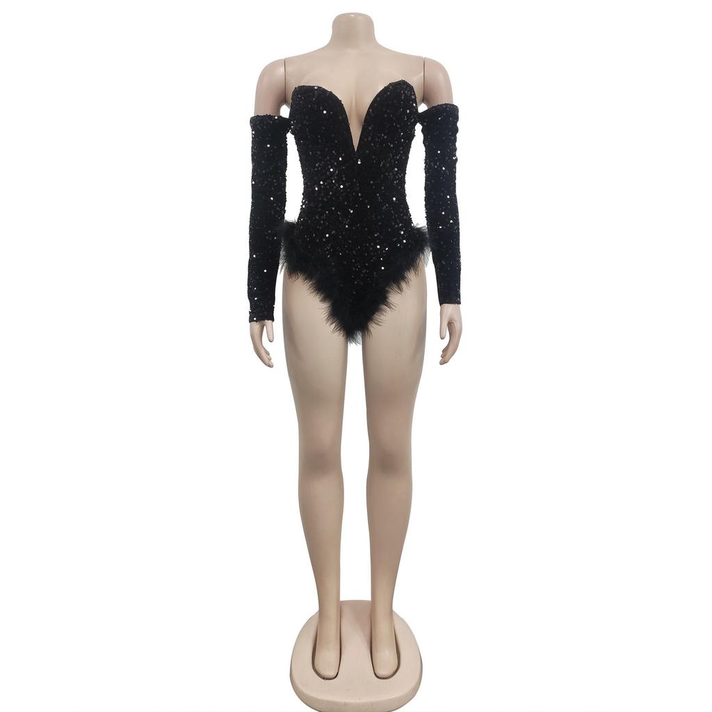 Sequined Long Sleeve Solid Color Jumpsuit with Shorts - Women's Fashion Europe America