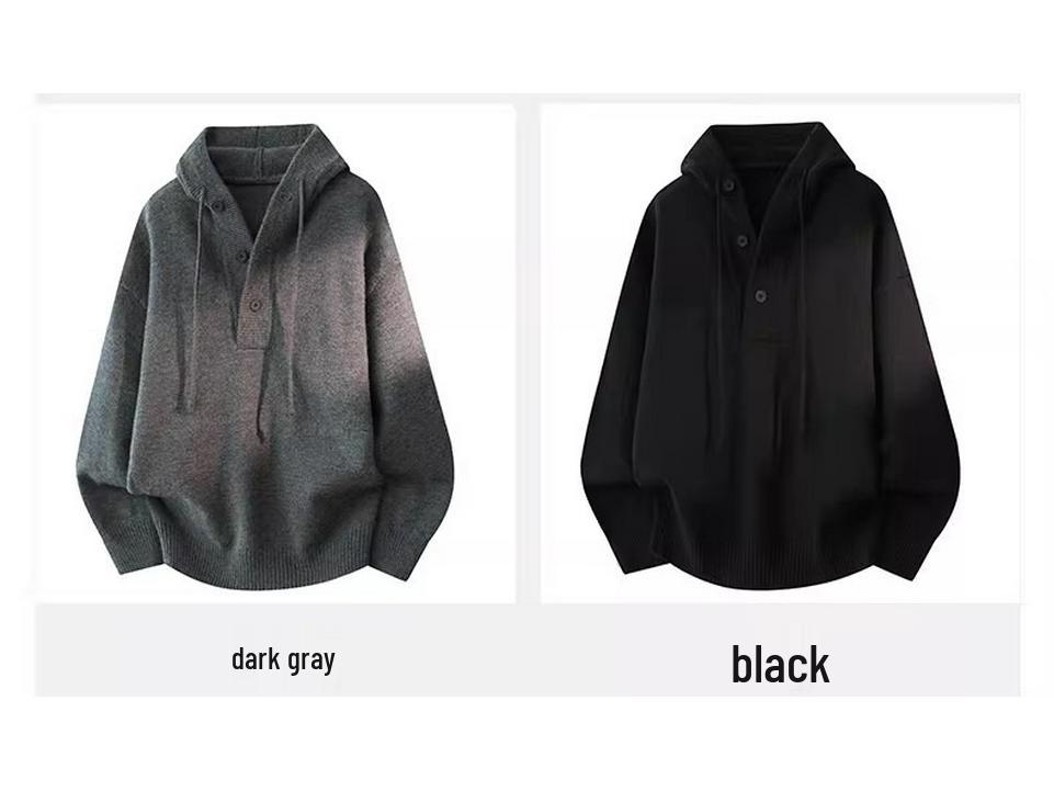 Men's Heavyweight Solid Color Knit Hooded Sweater - Loose Fit Casual Pullover for Autumn/Winter